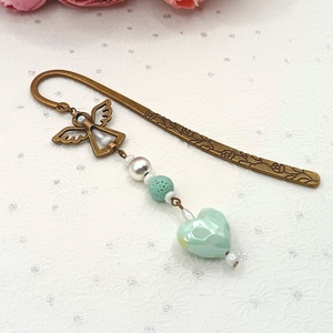 Antik bronz könyvjelző � mentazöld szív gyönggyel, Könyv & Zene, Könyvjelző, Ékszerkészítés, MESKA