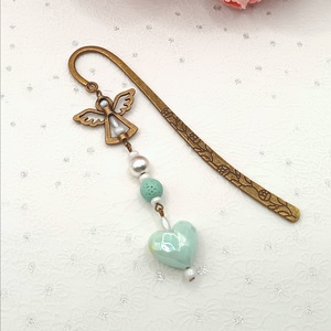 Antik bronz könyvjelző � mentazöld szív gyönggyel - könyv & zene - könyvjelző - Meska.hu