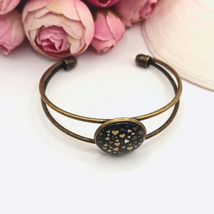 Antik bronz karkötő � fekete, arany szívecskés lencsével - ékszer - karkötő - karkötő medállal - Meska.hu