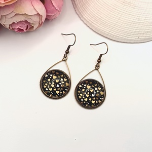 Antik bronz akasztós fülbevaló � fekete, arany szívecskés lencsével, Ékszer, Fülbevaló, Lógó fülbevaló, Ékszerkészítés, MESKA