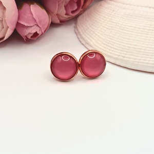 Rózsaarany bedugós fülbevaló � halványpiros lencsével, Ékszer, Fülbevaló, Pötty fülbevaló, Ékszerkészítés, MESKA