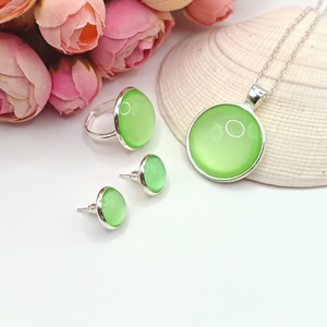 Ezüst ékszerszett � nyaklánc, gyűrű és bedugós fülbevaló halványzöld üveg lencsével, Ékszer, Ékszerszett, Ékszerkészítés, MESKA