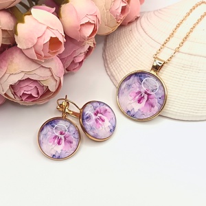 Arany ékszerszett � nyaklánc és fülbevaló rózsaszín/lila virágmintával, Ékszer, Ékszerszett, Ékszerkészítés, MESKA