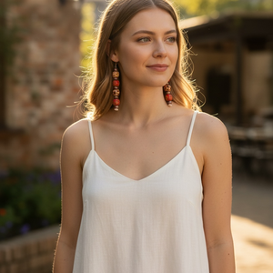 Boho Ritmus � Hosszú fűzött fülbevaló mintás fagöngyökkel - ékszer - fülbevaló - lógó fülbevaló - Meska.hu