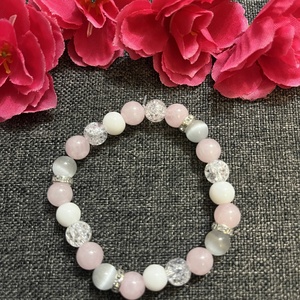 Ásványkarkötő rózsakvarc hegyikristály jade szelenit, Ékszer, Karkötő, Ásványkarkötő, Gyöngyfűzés, gyöngyhímzés, MESKA