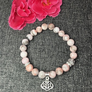 Zebra jáspis karkötő lótusz medállal, Ékszer, Karkötő, Gyöngyös karkötő, Ékszerkészítés, Gyöngyfűzés, gyöngyhímzés, MESKA