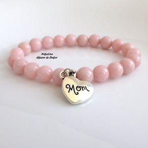Anyák napi rózsaszín jáde ásvány karkötő Mom szív medállal, Ékszer, Karkötő, Ásványkarkötő, Ékszerkészítés, MESKA