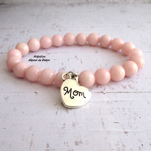 Anyák napi rózsaszín jáde ásvány karkötő Mom szív medállal - ékszer - karkötő - ásványkarkötő - Meska.hu