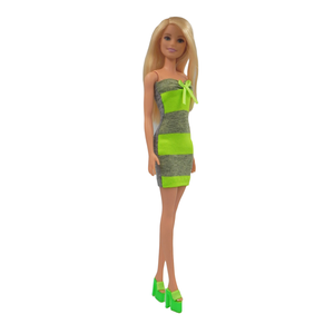 Neonzöld-szürke csíkos barbie kisruha - ruha barbie típusú babákhoz (a004eg) - játék & sport - baba & babaház - barbie ruhák - Meska.hu