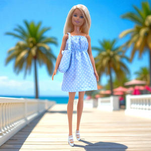 Kék pöttyös vászon nyári ruha táskával barbie típusú babákhoz (terhes Steffi-hez is!) (a075kp) - Meska.hu