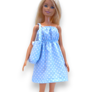 Kék pöttyös vászon nyári ruha táskával barbie típusú babákhoz (terhes Steffi-hez is!) (a075kp) - játék & sport - baba & babaház - barbie ruhák - Meska.hu