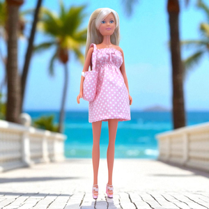 Rózsazsín pöttyös vászon nyári ruha táskával barbie típusú babákhoz (terhes Steffi-hez is!) (a075rp) - játék & sport - baba & babaház - barbie ruhák - Meska.hu