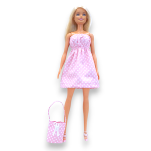 Rózsazsín pöttyös vászon nyári ruha táskával barbie típusú babákhoz (terhes Steffi-hez is!) (a075rp) - játék & sport - baba & babaház - barbie ruhák - Meska.hu