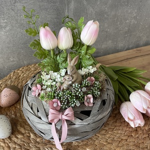 Tavaszi /húsvéti nyuszis asztaldísz tulipánokkal, Otthon & Lakás, Dekoráció, Asztal és polc dekoráció, Asztaldísz, Mindenmás, Meska