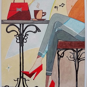 CoffeeTime needs a red bag című eredeti, szignózott, akril festmény keretben 30X40 cm, Művészet, Festmény, Akril, Festészet, MESKA