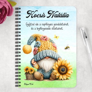 Személyre szabható - Cuki sapkás napraforgós manó mintás A6-os füzet - otthon & életmód - papír, írószer - jegyzetfüzet & napló - Meska.hu