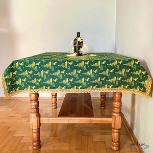 Karácsonyi, adventi csipke szegélyes zöld terítő, arany fenyőfa mintával, arany csipke szegéllyel (98x90cm) - karácsony - karácsonyi lakásdekoráció - Meska.hu