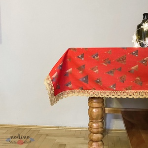 Karácsonyi, adventi csipke szegélyes terítő, arany-lila fenyőfa mintával, arany csipke szegéllyel (90x127 cm), Otthon & Életmód, Terítő, Konyhafelszerelés, tálalás, Tálalás, Varrás, MESKA