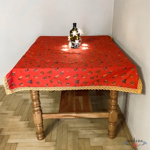 Karácsonyi, adventi csipke szegélyes terítő, arany-lila fenyőfa mintával, arany csipke szegéllyel (90x127 cm) - otthon & életmód - konyhafelszerelés, tálalás - tálalás - terítő - Meska.hu