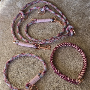 Rose Gold Elegance � Kézműves Kötélpóráz, Kötél Nyakkörv és Paracord Biltartó Szett M-es - otthon & életmód - kisállatoknak - kutyáknak - kutya nyakörv, póráz szett - Meska.hu