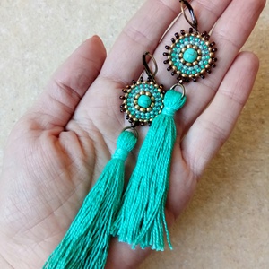 Türkiz-bronz bojtos fülbevaló -  - Meska.hu