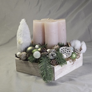 Egyedi Kézműves Adventi Dísz Dobozban  Skandináv Manóval és 4 Rózsaszín Gyertyával, Karácsony, Adventi díszek, Adventi asztaldísz, , MESKA