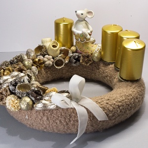 Kézzel Készített Exkluzív Adventi Koszorú - Arany-Ezüst Egér Figurával, , , MESKA