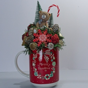 Kézműves Karácsonyi Bögre Dísz - Mackó és Cukorkabot, Karácsony, Karácsonyi lakásdekoráció, Ünnepi asztaldekoráció, , MESKA