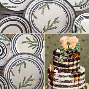 Fekete-fehér (ekrü) elegancia fenyő ággal kerámia  sütis készlet  - otthon & életmód - konyhafelszerelés, tálalás - tálalás - tányér & étkészlet - Meska.hu