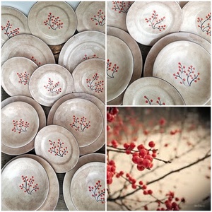 Egyedi festésű piros,bogyós kerámia  készlet  - otthon & életmód - Meska.hu