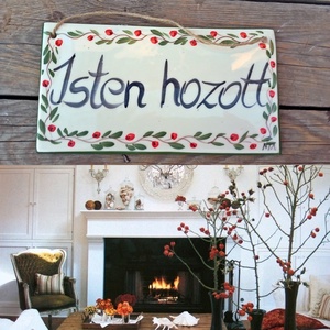 Bájos piros bogyós-Isten hozott tábla, Otthon & Életmód, Ház & Kert, Isten hozott tábla, Festett tárgyak, Kerámia, MESKA
