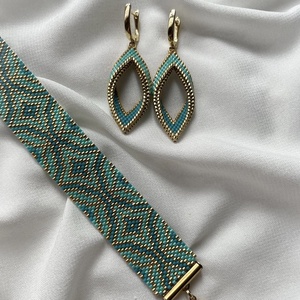 Türkiz arany gyöngyös karkötő és fülbevaló, Ékszer, Karkötő, Gyöngyös karkötő, Mozaik, MESKA