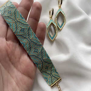 Türkiz arany gyöngyös karkötő és fülbevaló - ékszer - karkötő - gyöngyös karkötő - Meska.hu