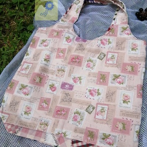 Akciós pamutvászon táska - Rózsaszín bélyeges rózsás és  foltvarrás mintával -  - Meska.hu