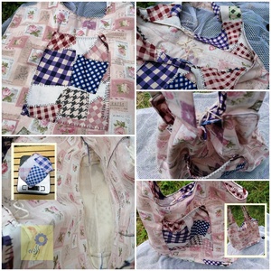 Akciós pamutvászon táska - Rózsaszín bélyeges rózsás és  foltvarrás mintával -  - Meska.hu