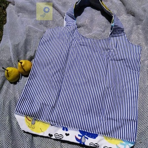 Nusi Bag - Egyedi pamutvászon táska, zsinórral - Krokodilos / kék fehér tengerész csíkos minta variációk - táska & tok - kézitáska & válltáska - kézitáska - Meska.hu