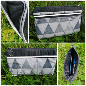Fényvisszaverős textil kézitáska, csuklótáska, pénztárca - szürke farmer és lenhatású háromszög mintás anyagból, unisex - táska & tok - pénztárca & más tok - kártyatartó & irattartó - Meska.hu