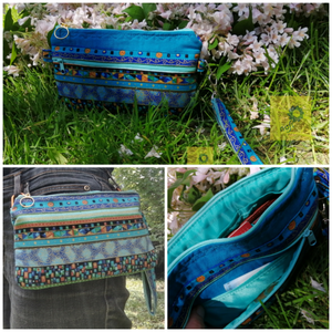 Könnyű textil kézitáska, csuklótáska, pénztárca -  türkiz aranymintás pamutvászon anyagból  - táska & tok - pénztárca & más tok - kártyatartó & irattartó - Meska.hu