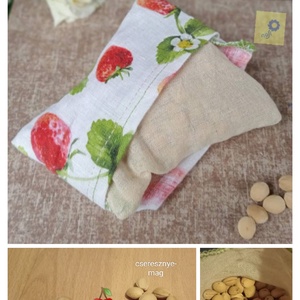 Cseresznyemag párna eper mintás prémium lenvászon huzatban, pánttal (virágos handmade felirattal)  - otthon & életmód - lakástextil - párna & párnahuzat - Meska.hu
