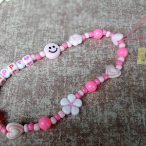 Mobil dísz / phone charm - pink árnyalat, happy felirattal  - ékszer - karkötő - charm karkötő - Meska.hu
