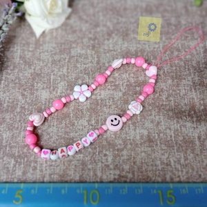 Mobil dísz / phone charm - pink árnyalat, happy felirattal  - ékszer - karkötő - charm karkötő - Meska.hu