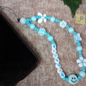 Mobil dísz / phone charm - kék árnyalat, happy felirattal  - ékszer - karkötő - charm karkötő - Meska.hu