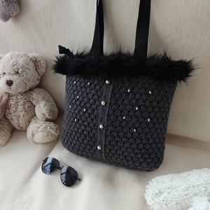 Sötétszürke gyöngyös szőrmés  - táska & tok - kézitáska & válltáska - nagy pakolós táska - Meska.hu