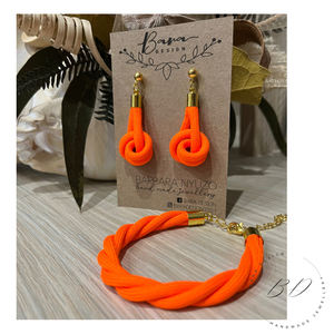 Neon narancssárga twist fülbevaló szett karkötővel, Ékszer, Ékszerszett, Ékszerkészítés, Meska