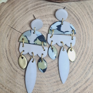 Márvány hatású süthető gyurma fülbevaló, BOHO, hosszú logó fülbevaló, szürke, arany, fekete színekben, FIMO - ékszer - fülbevaló - lógó fülbevaló - Meska.hu