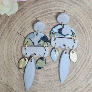 Márvány hatású süthető gyurma fülbevaló, BOHO, hosszú logó fülbevaló, szürke, arany, fekete színekben, FIMO - ékszer - fülbevaló - lógó fülbevaló - Meska.hu