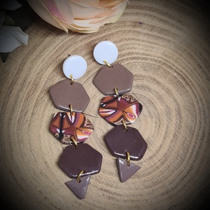 Naplemente. Fekete, fehér, arany, barna, narancs gyurma, polymerclay hosszú lógós fülbevaló. Ajándék nőknek, lányoknak. - ékszer - fülbevaló - lógó fülbevaló - Meska.hu