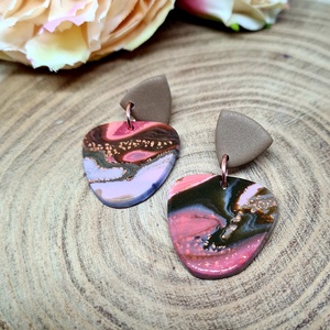 Márvány hatású süthető gyurma fülbevaló, barna, narancs, arany, és rózsaszín színekben, polymer clay. Ajándék nőknek. - ékszer - fülbevaló - lógó fülbevaló - Meska.hu
