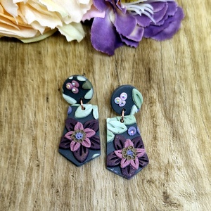 Virágmintás, levélmintás, kicsi lógós süthető gyurma fülbevaló. Swarovski. Polymer clay. Ajándék nőknek, lányoknak. - Meska.hu