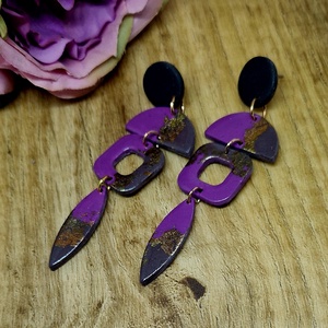 Hosszú süthető gyurma fülbevaló, szürke, lila, arany, színekben, polymer clay. Ajándék nőknek. - ékszer - fülbevaló - lógó fülbevaló - Meska.hu